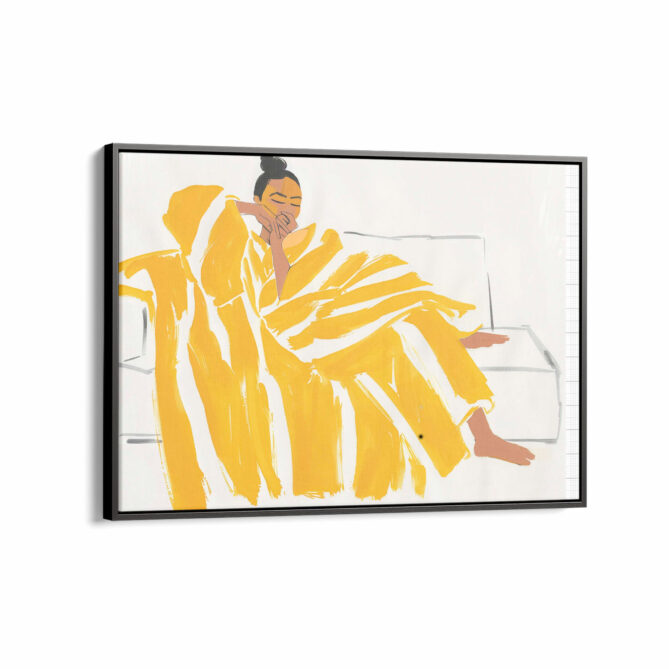 Woman Wrapped in Yellow Striped Blanket on Sofa
